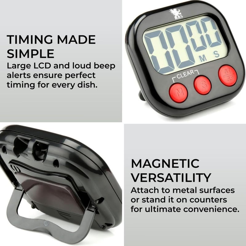 H&S Digital Kitchen Timer - Magnetic Cooking Timer with Large LCD Digits Display & Loud Alarm - Black Countdown Clock for Kids Classroom - AAA Battery Included - Image 3